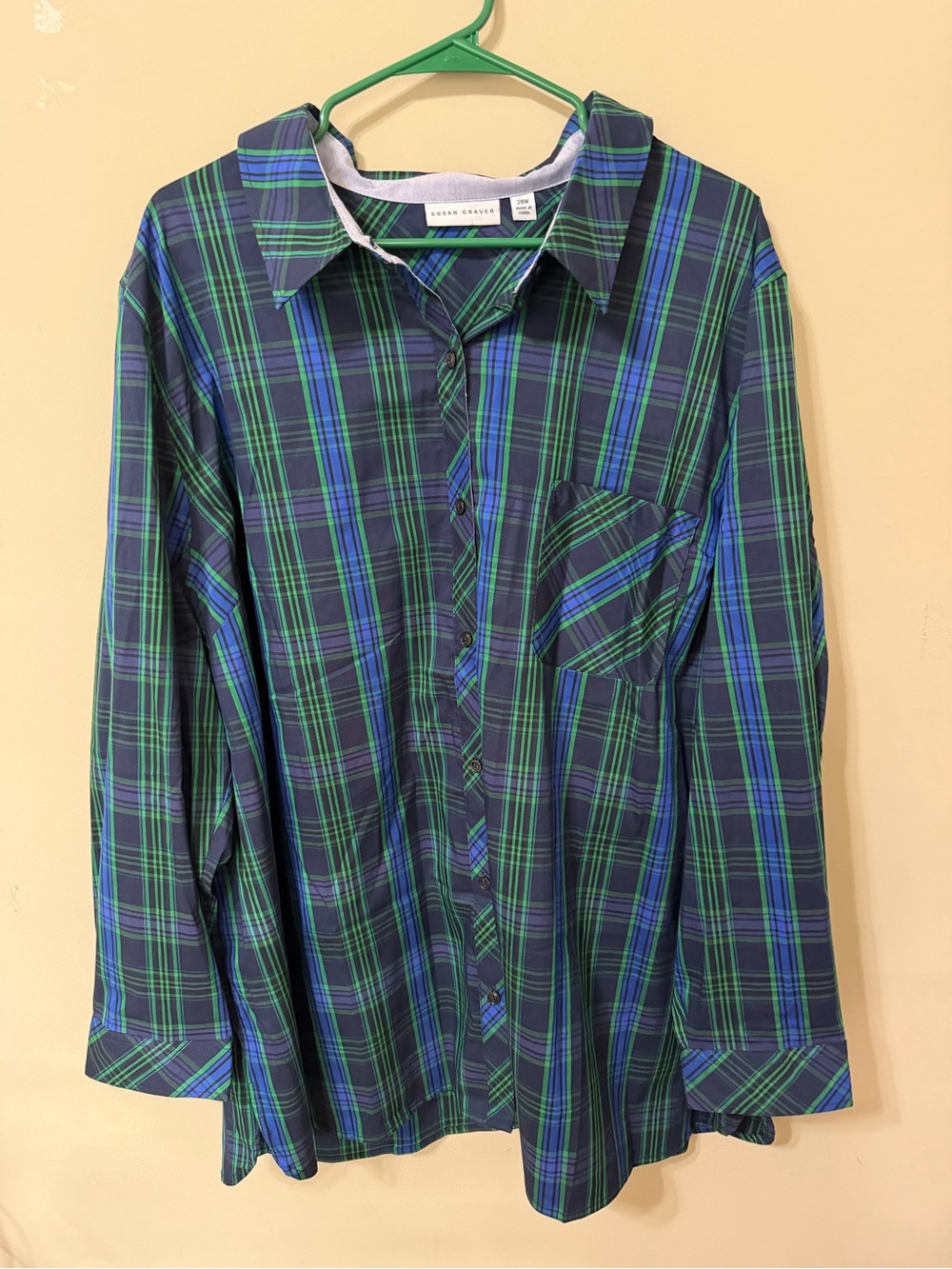 Susan Graver plus 27w Green & Blue Plaid Button-Down poplin crispy flattering